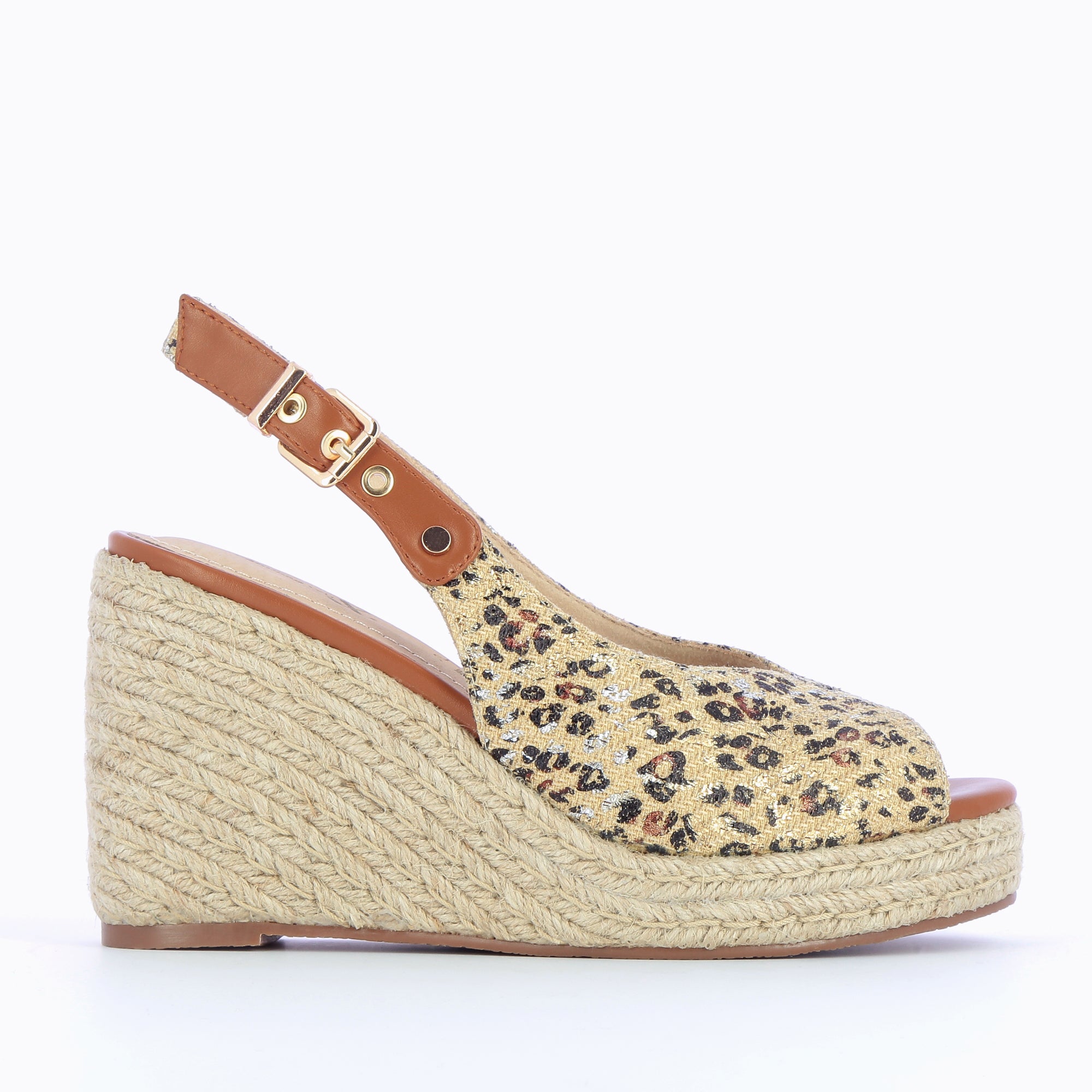 Sandales à talon, Compensées-Sandales compensées Gaëlle en tweed léopard beige