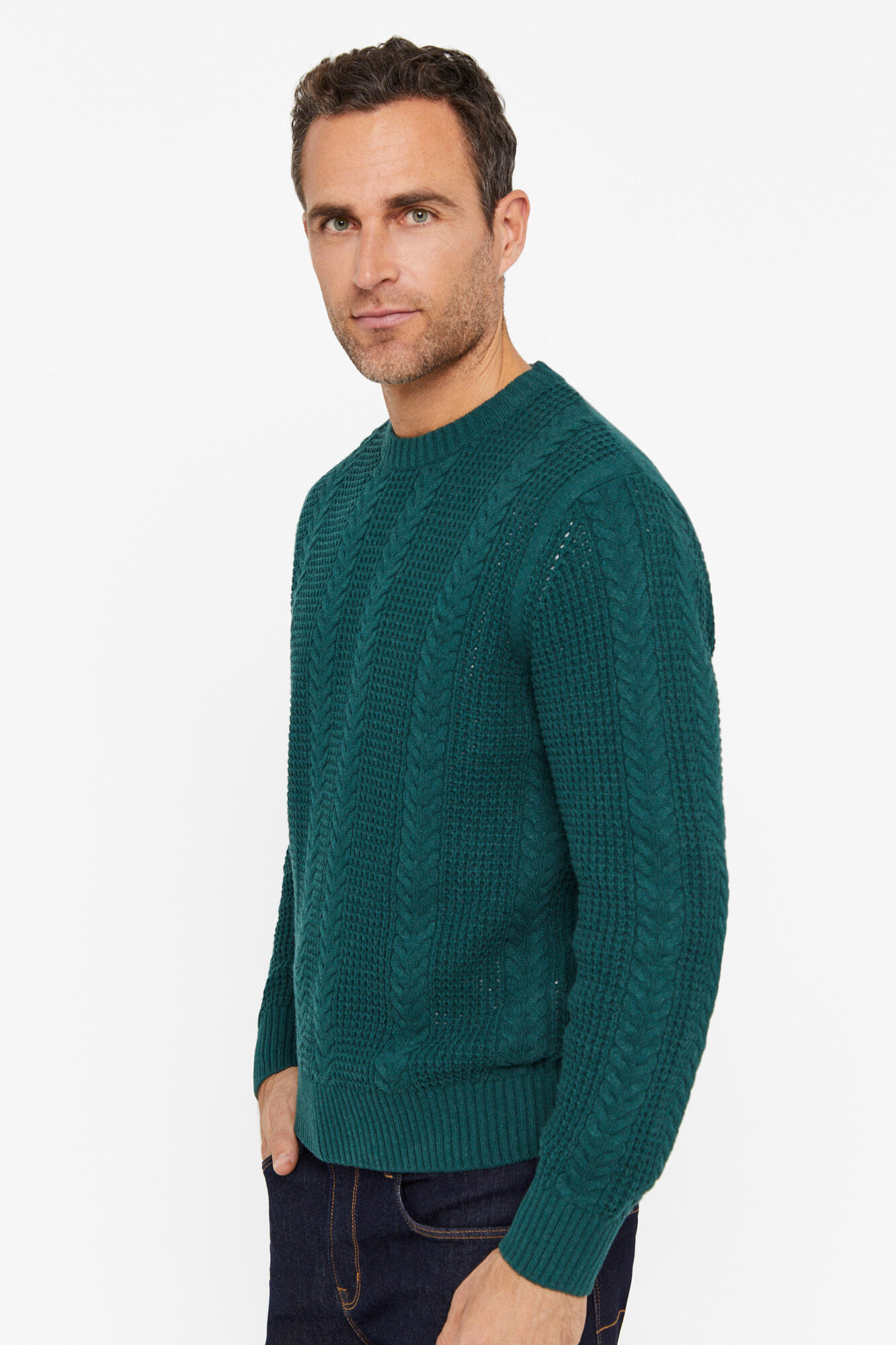 Camisa Jersey Structure Cables com gola redonda - Verde escuro