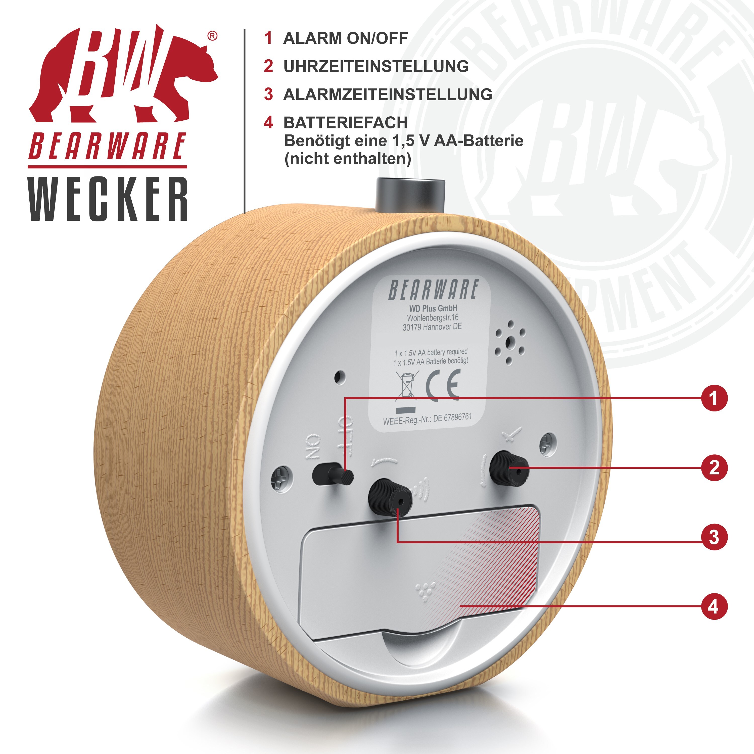 BEARWARE Analoger Wecker mit rundem Holzkorpus Holz Wecker mit beleuchtetem Ziffernblatt