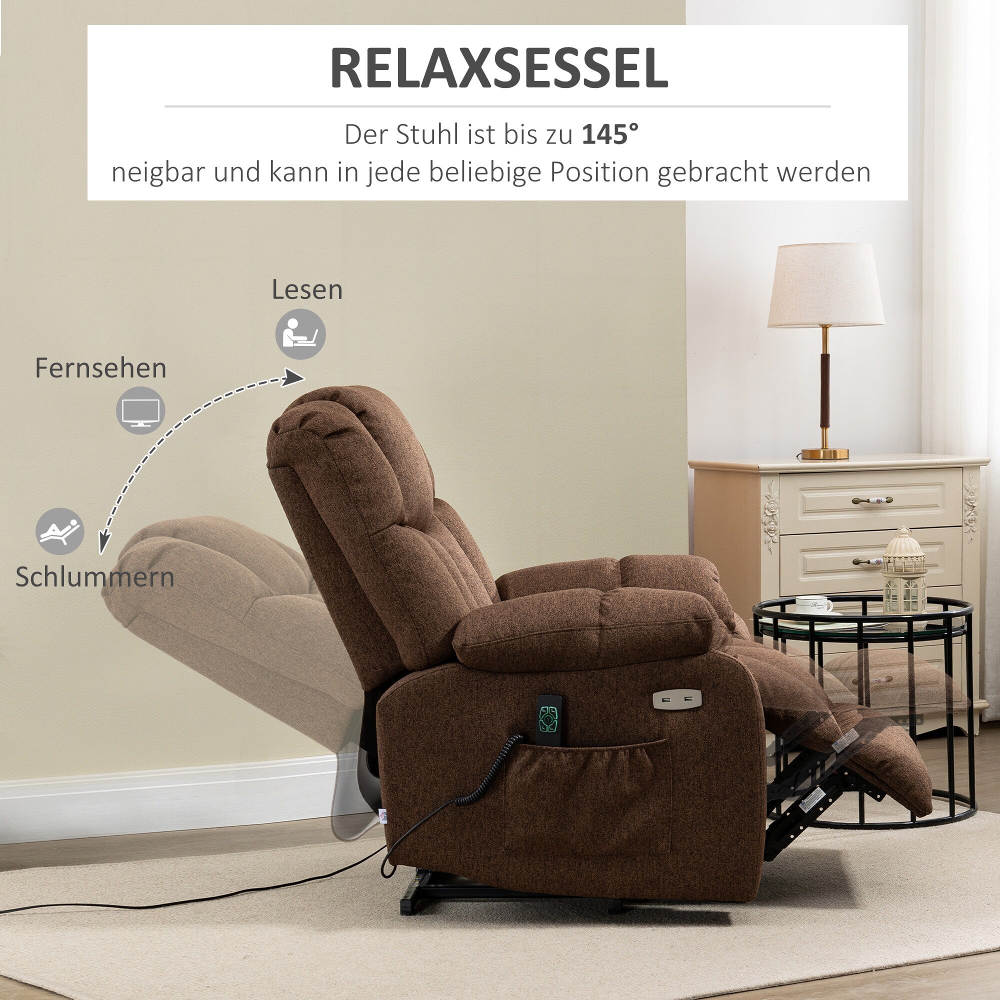 HOMCOM Aufstehsessel mit Seitentasche braun 92L x 95B x 107H cm