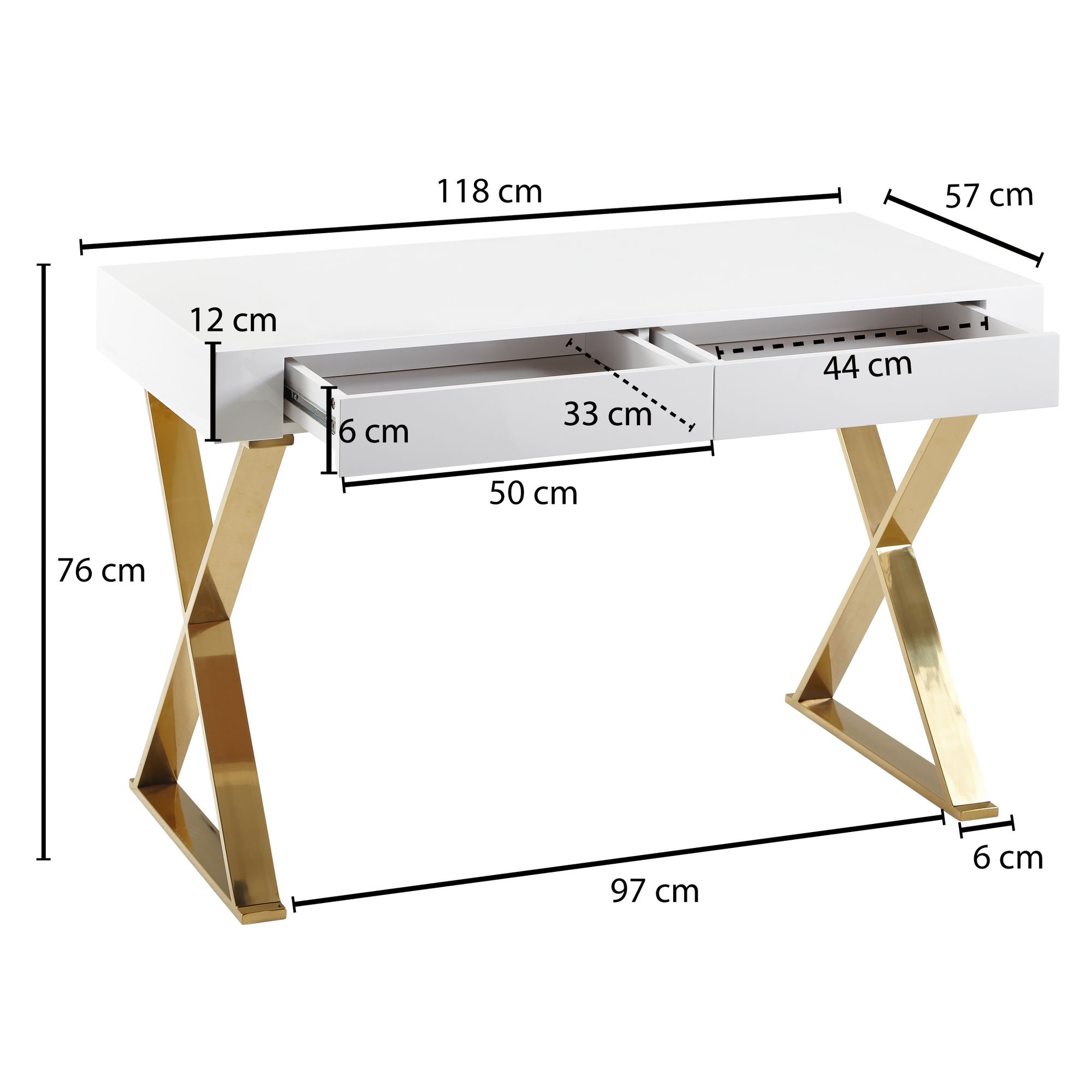 KADIMA DESIGN Hochglanz-Weißer Schreibtisch, Goldene Beine, Modern, 2 Schubladen