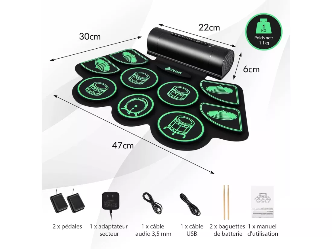 Batterie electronique portable,9 pads,fonction midi,4 morceaux, vert
