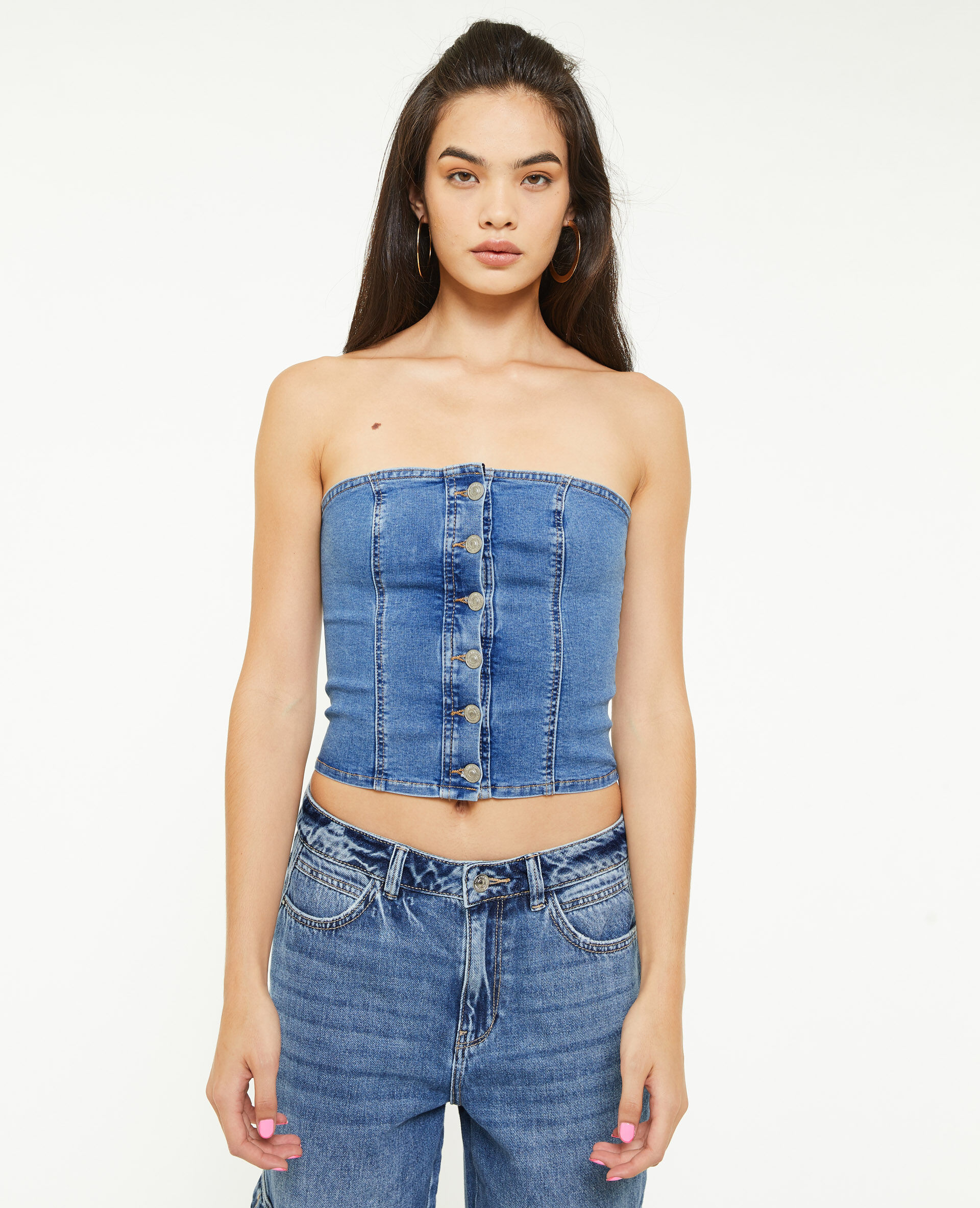 Top bustier en jean stretch - Bleu