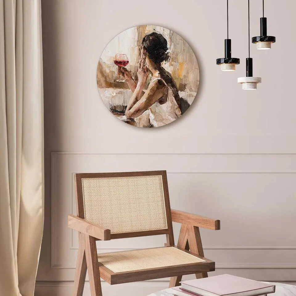 Glasschilderij Evening Wine - Ø 50cm - Beige