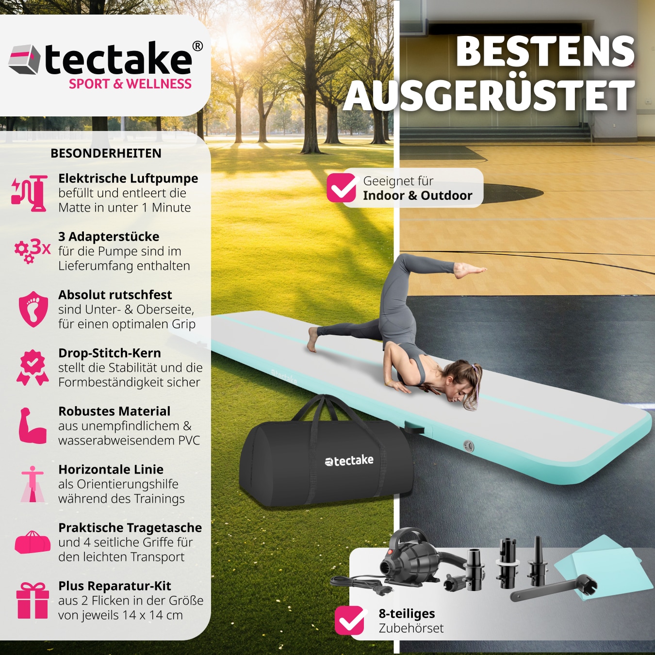 tectake® Airtrack Trainingsmatte, aufblasbar, rutschfestes, hochwertiges PVC, inkl. Transporttasche, 397 x 104 x 10 cm
