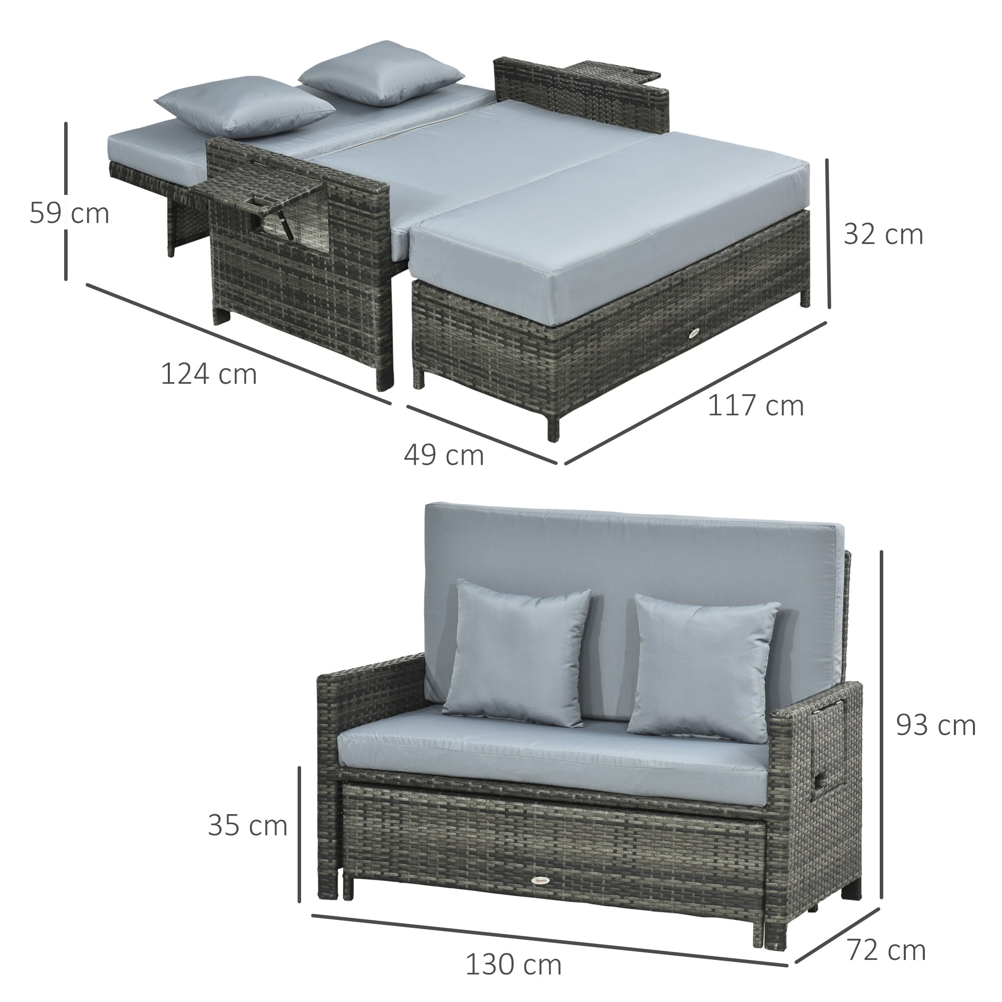 Outsunny Polyrattan Lounge-Sofa mit Kissen 130 x 72 x 96 cm (LxBxH)