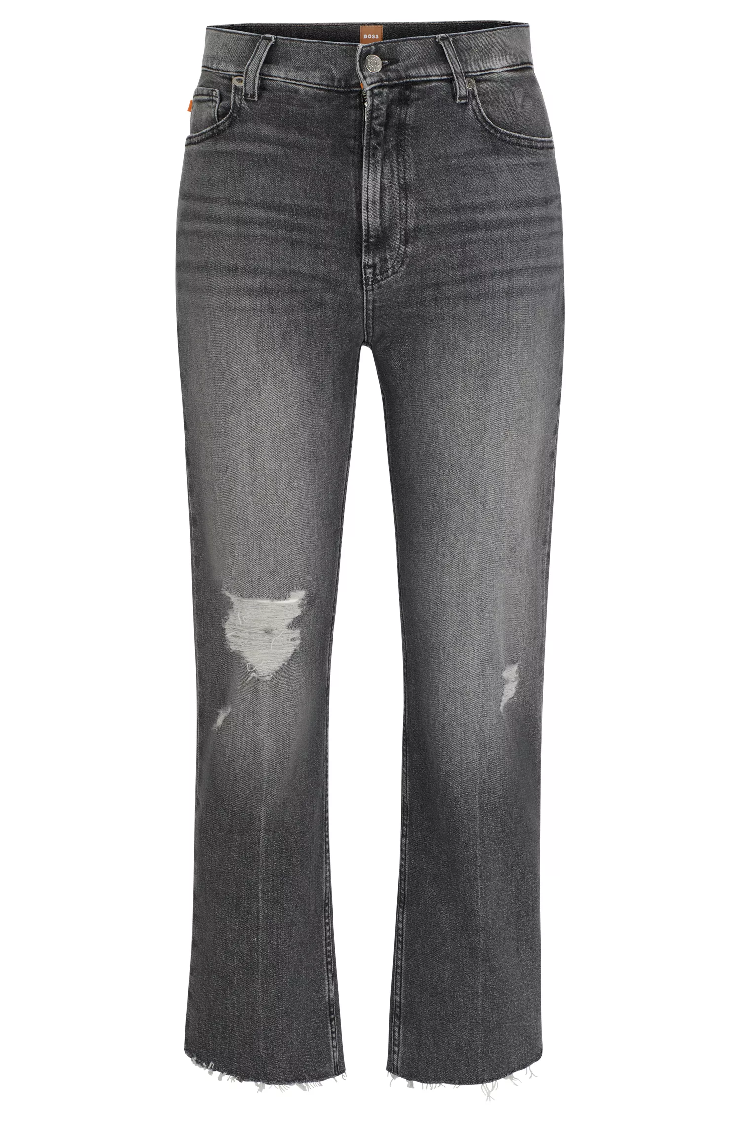 Calça jeans BOSS laranja, corte slim, em denim stretch cinza.