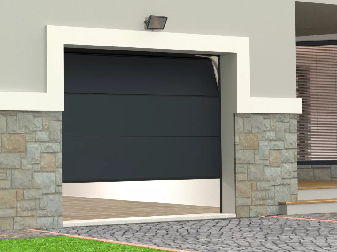Porte de garage sectionnelle effet bois anthracite avec moteur Somfy L254 x H218 cm - PRIETA
