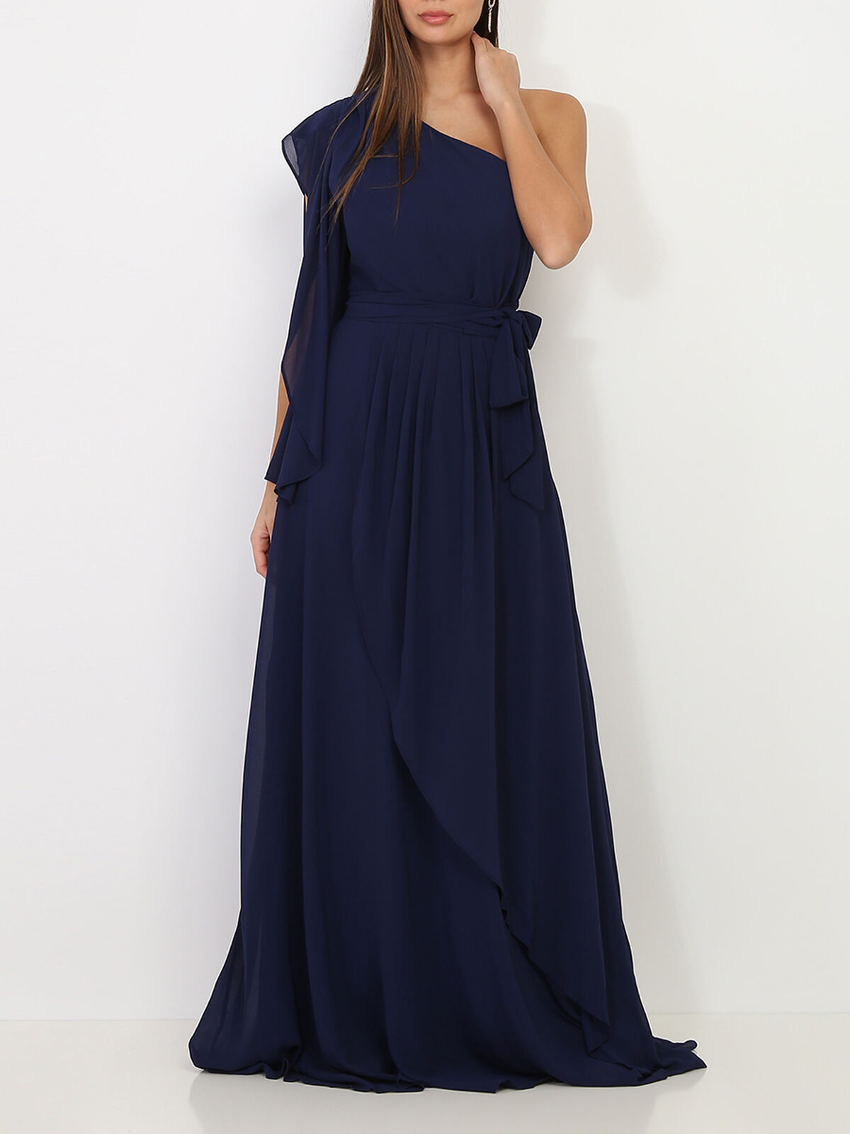 Robe portefeuille à manche asymétrique- Bleu marine