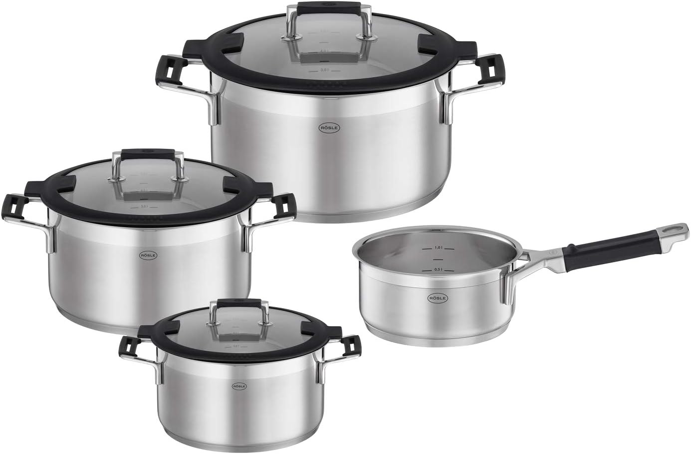 RÖSLE SILENCE PRO Topf-Set 4-teilig, hochwertiges Universaltopfset mit 3 Kochtöpfen und 1 Stielkasserolle, Edelstahl 18/10, Glasdeckel, Innenskalierung, induktion & spülmaschinengeeignet, Silberfarben