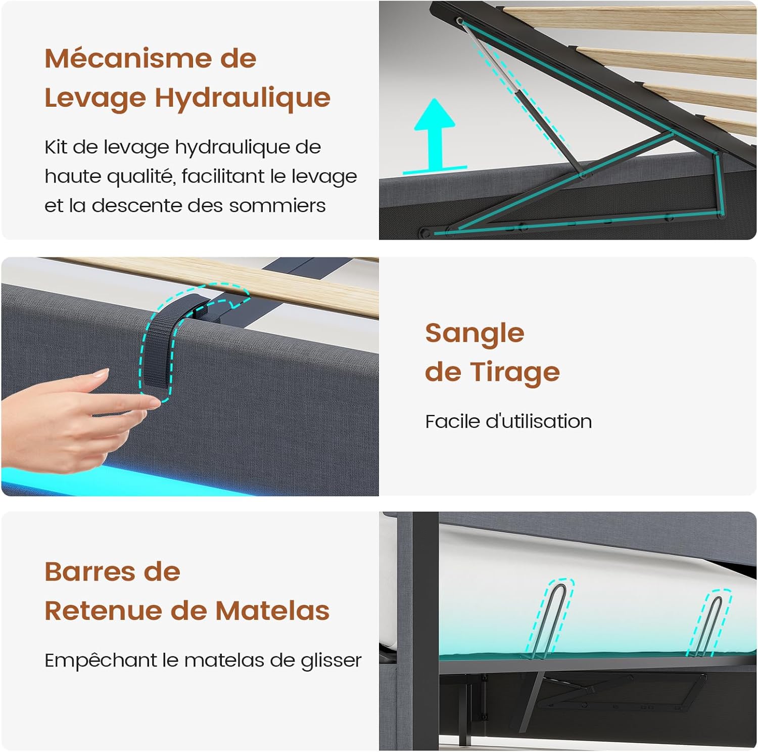 AOGLLATI Hydraulisch Stauraumbett 140×200cm, Polsterbett Doppelbett mit LED und USB-Ladefunktion, Funktionsbett Bettgestell mit Stauraum und Lattenrost, Linen,Ohne Matratze, Dunkelgrau