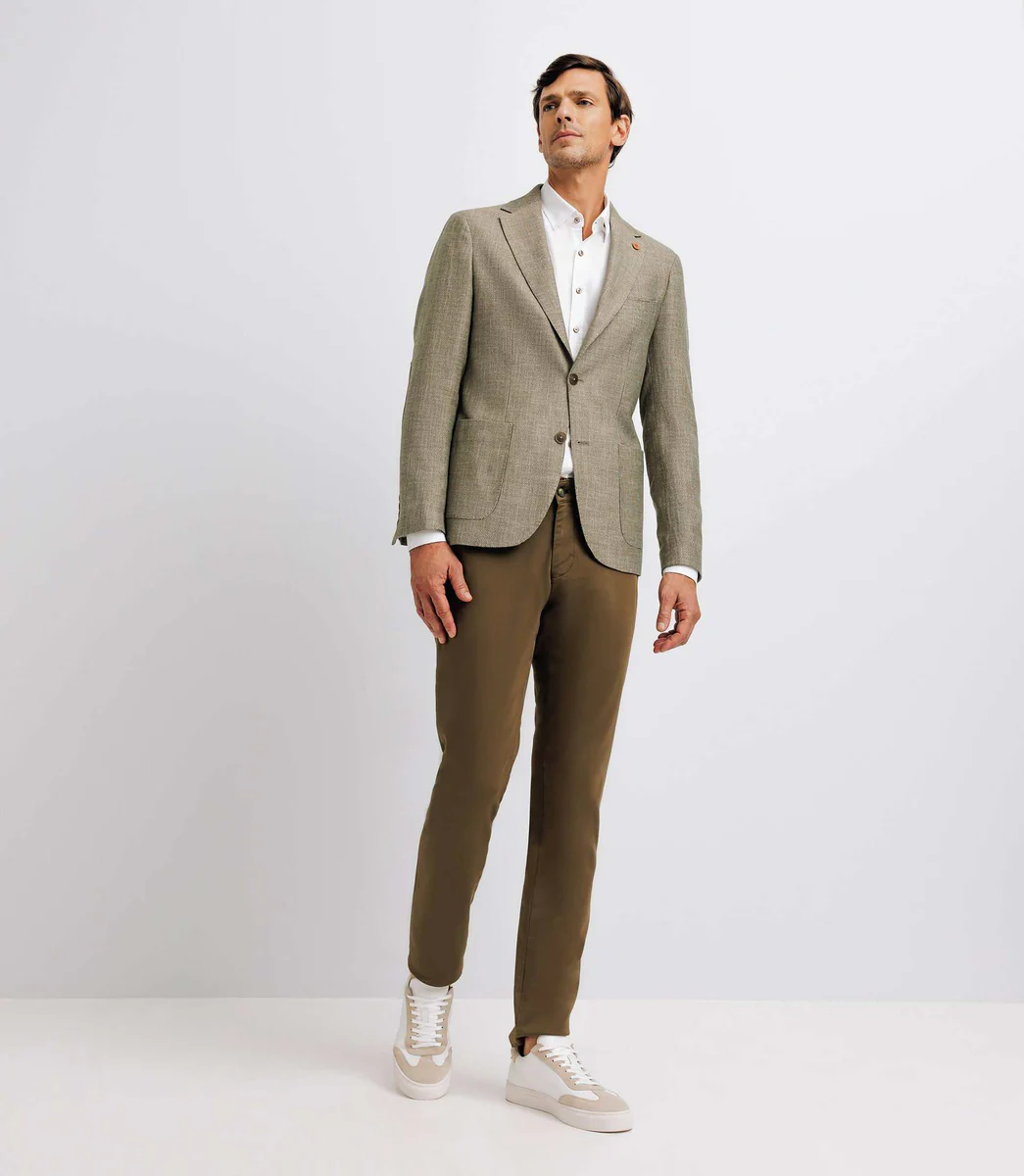 Veste kaki et beige en lin à coudières