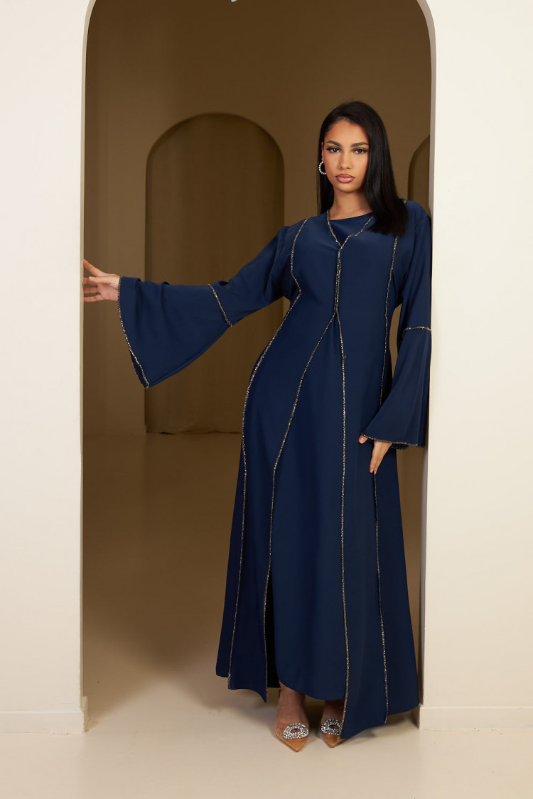 Ensemble 2 pièces abaya + gilet à enfiler bleu foncé et doré