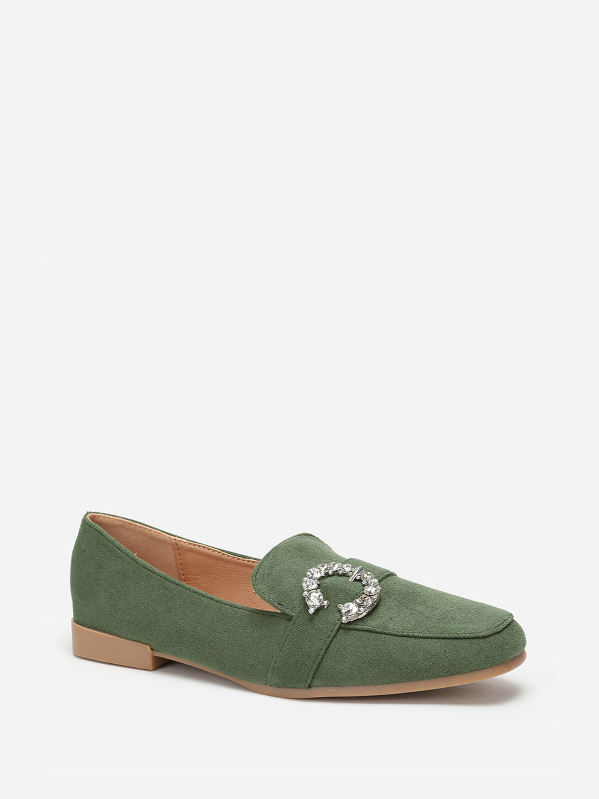 Mocassins en suédine avec boucle à strass- Vert