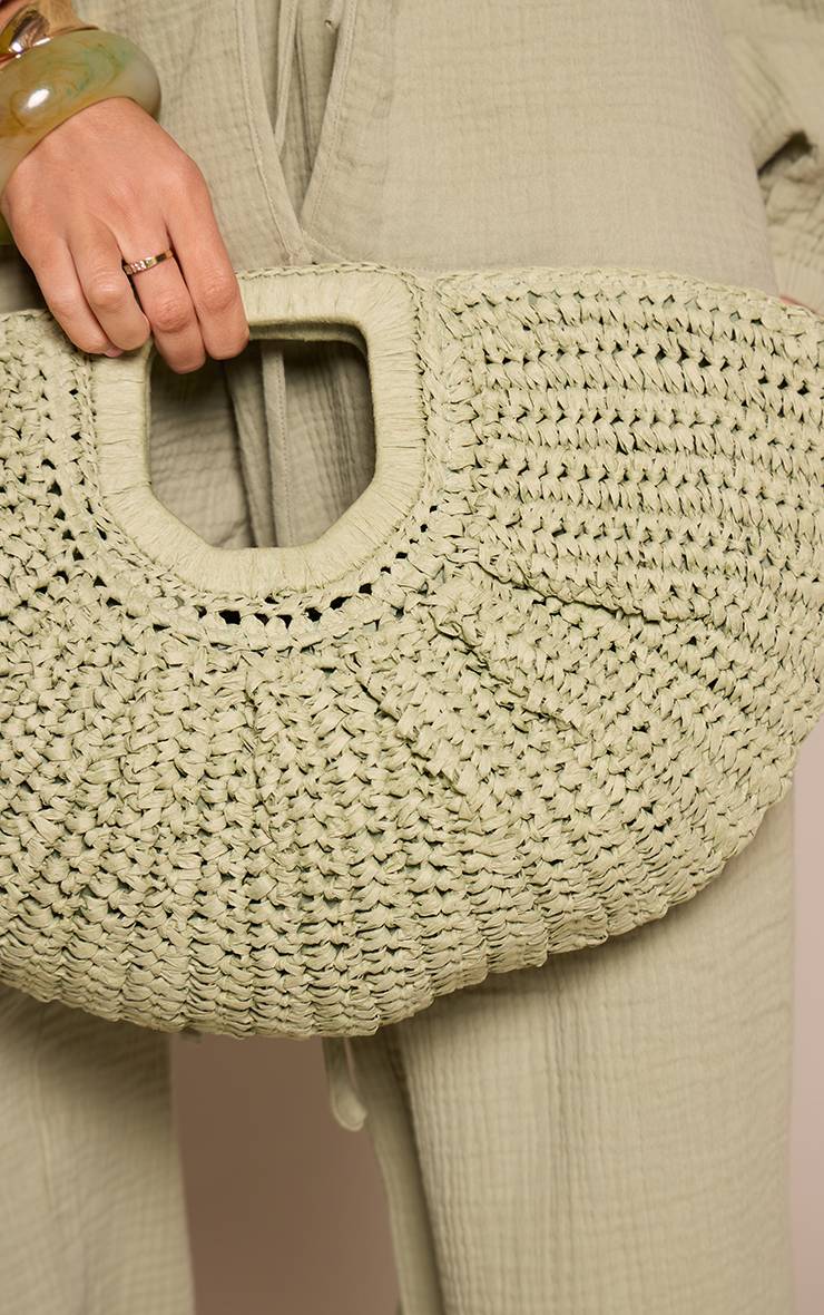 Vert Sauge Sac Pochette Arrondi En Raphia