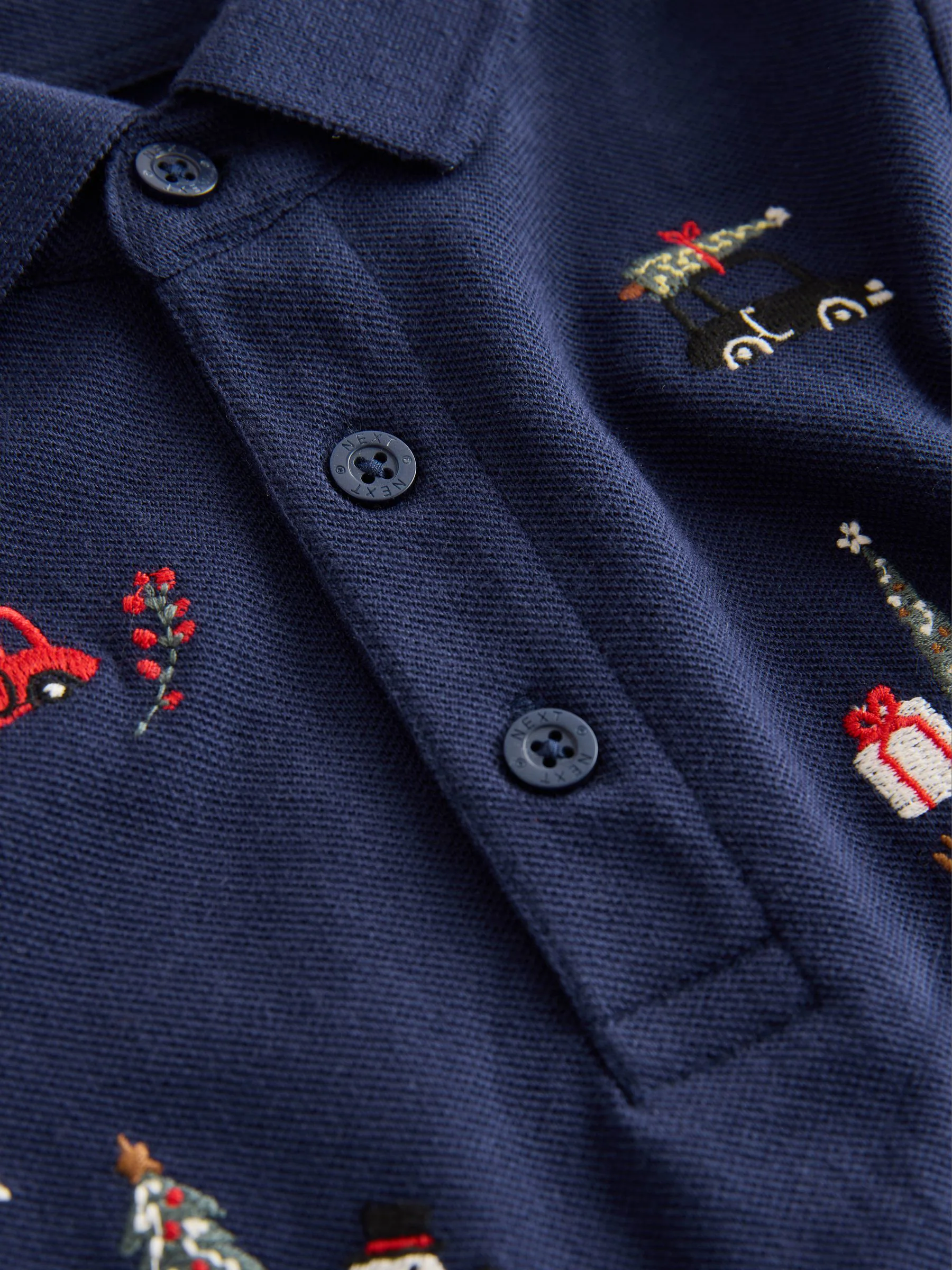 Marineblauw - Kerstmis All-Over Geborduurd Poloshirt met Lange Mouwen (3mnd-7jr)