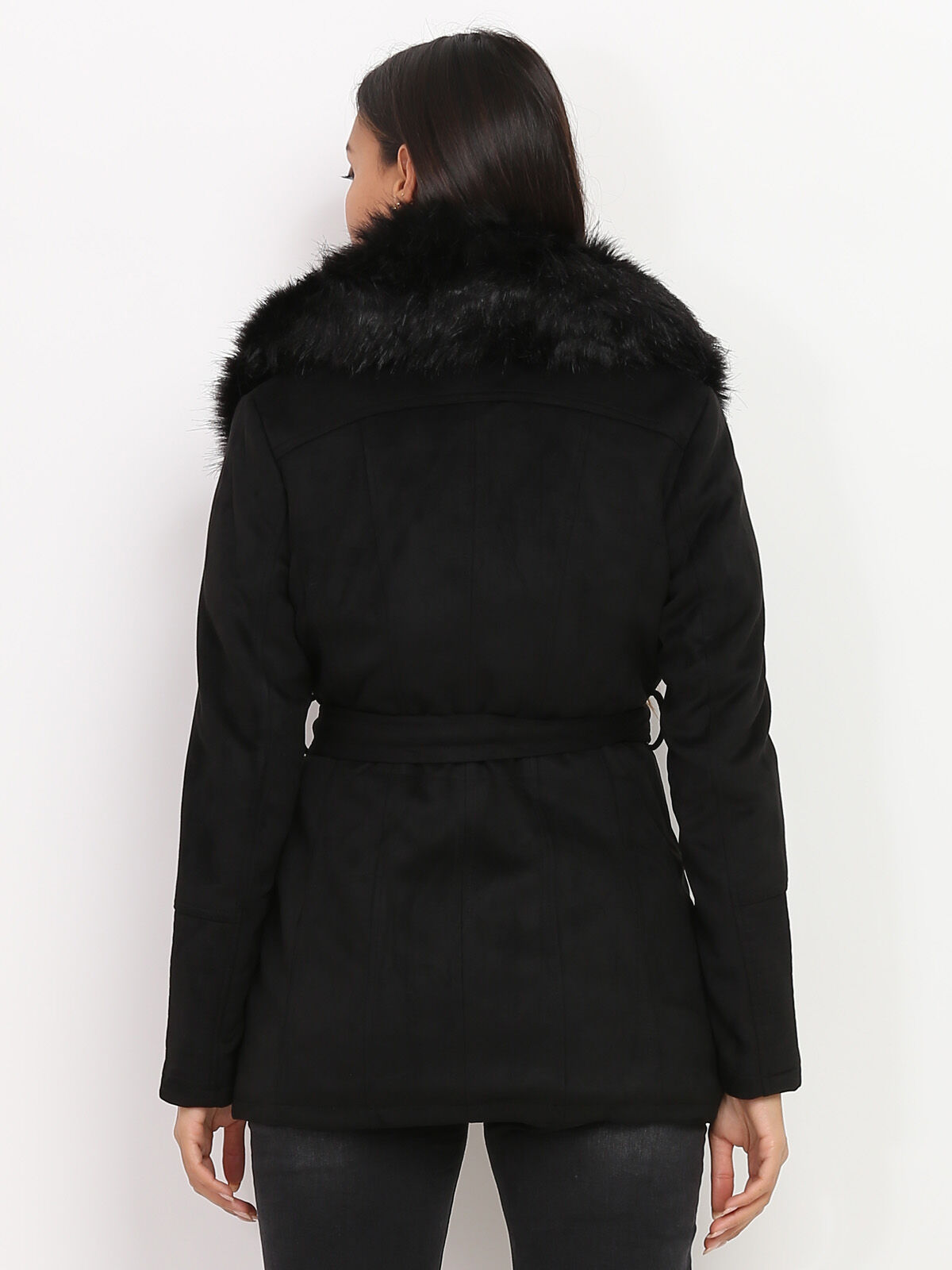 Manteau en suédine à fausse fourrure- Noir