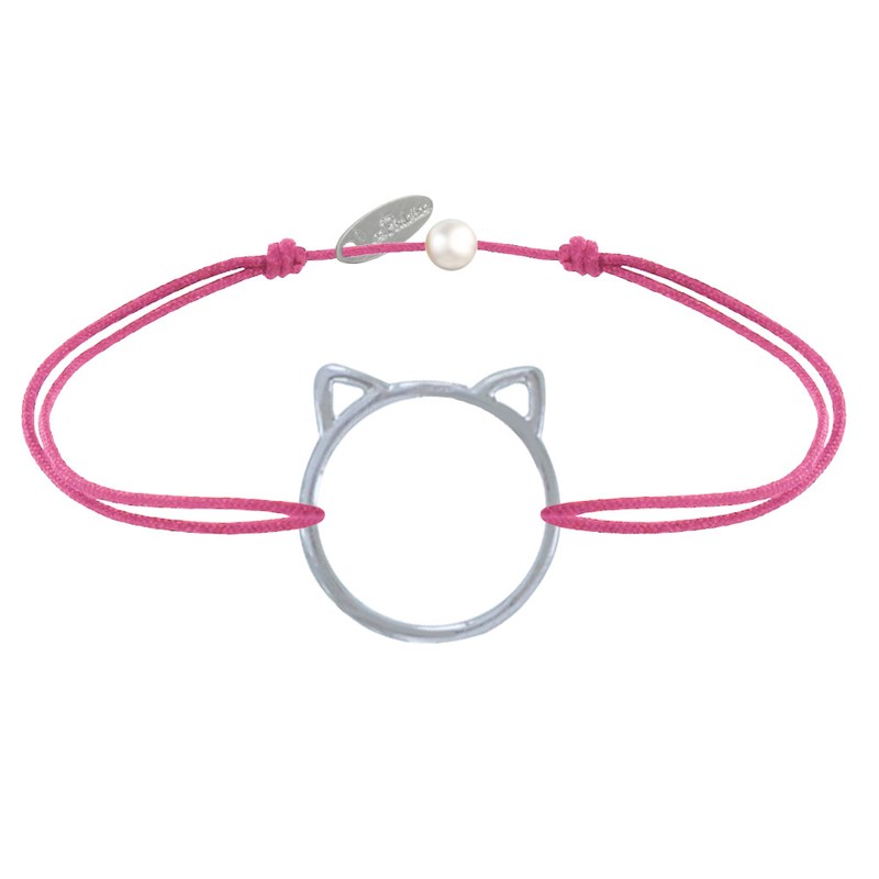 Bracelet Lien Médaille Argent Tête de Chat Ajouré - Fuchsia