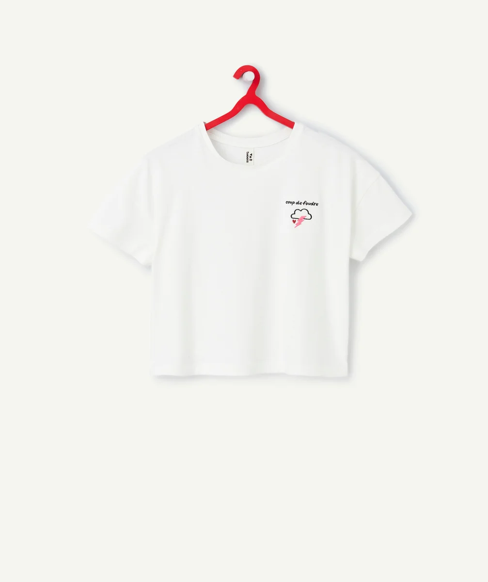 T-SHIRT MANCHES COURTES FILLE EN COTON BIO BLANC AVEC BRODERIES THÈME COUP DE FOUDRE