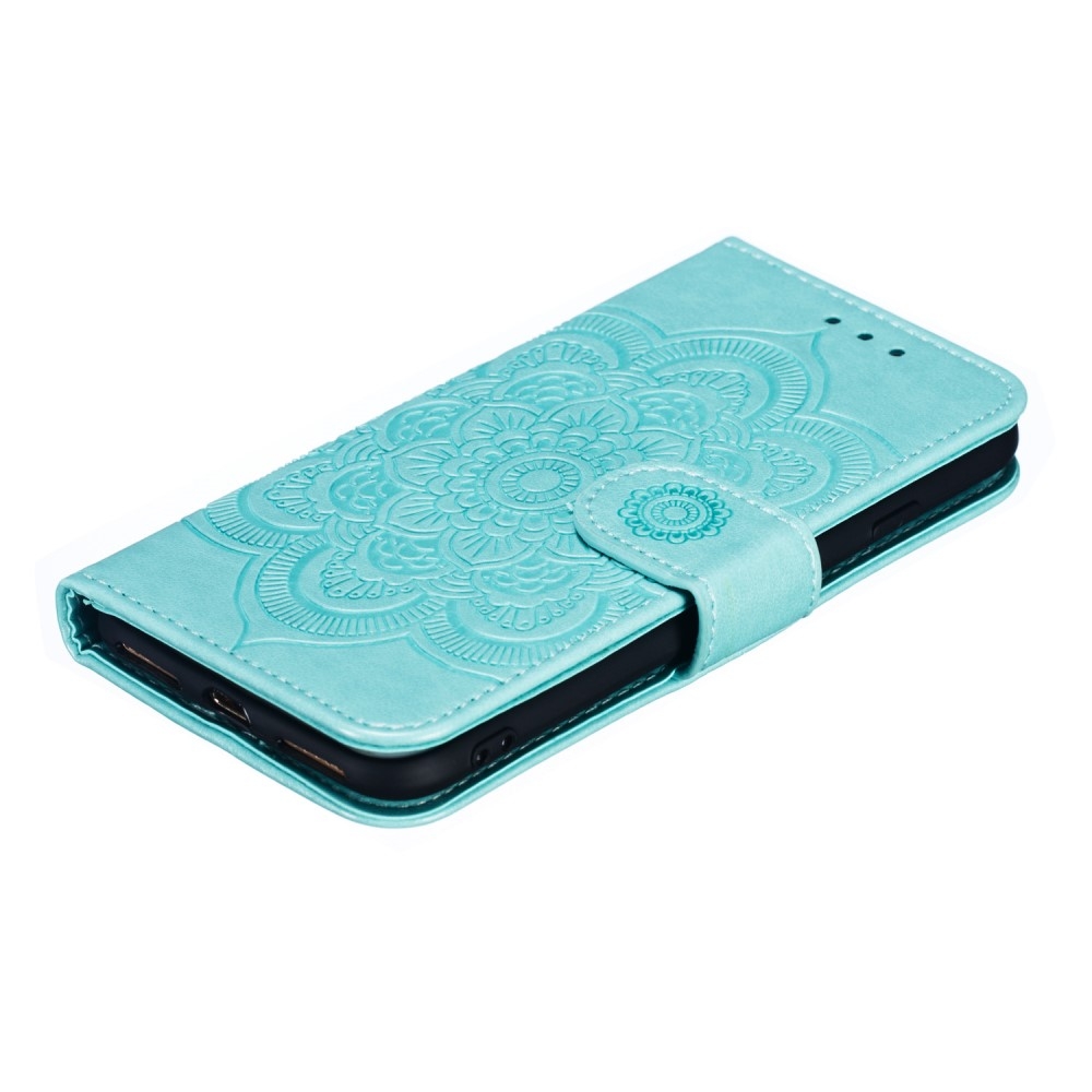 iPhone SE (2022/2020) / 8 / 7 Leder Tasche Wallet - Mandala Flowers Imprint - Türkis