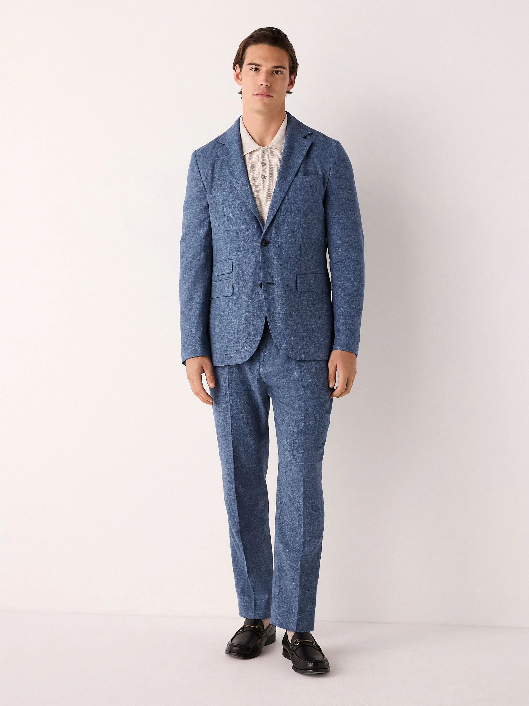 Blauw - Slim-fit kostuum van linnenmix: jasje