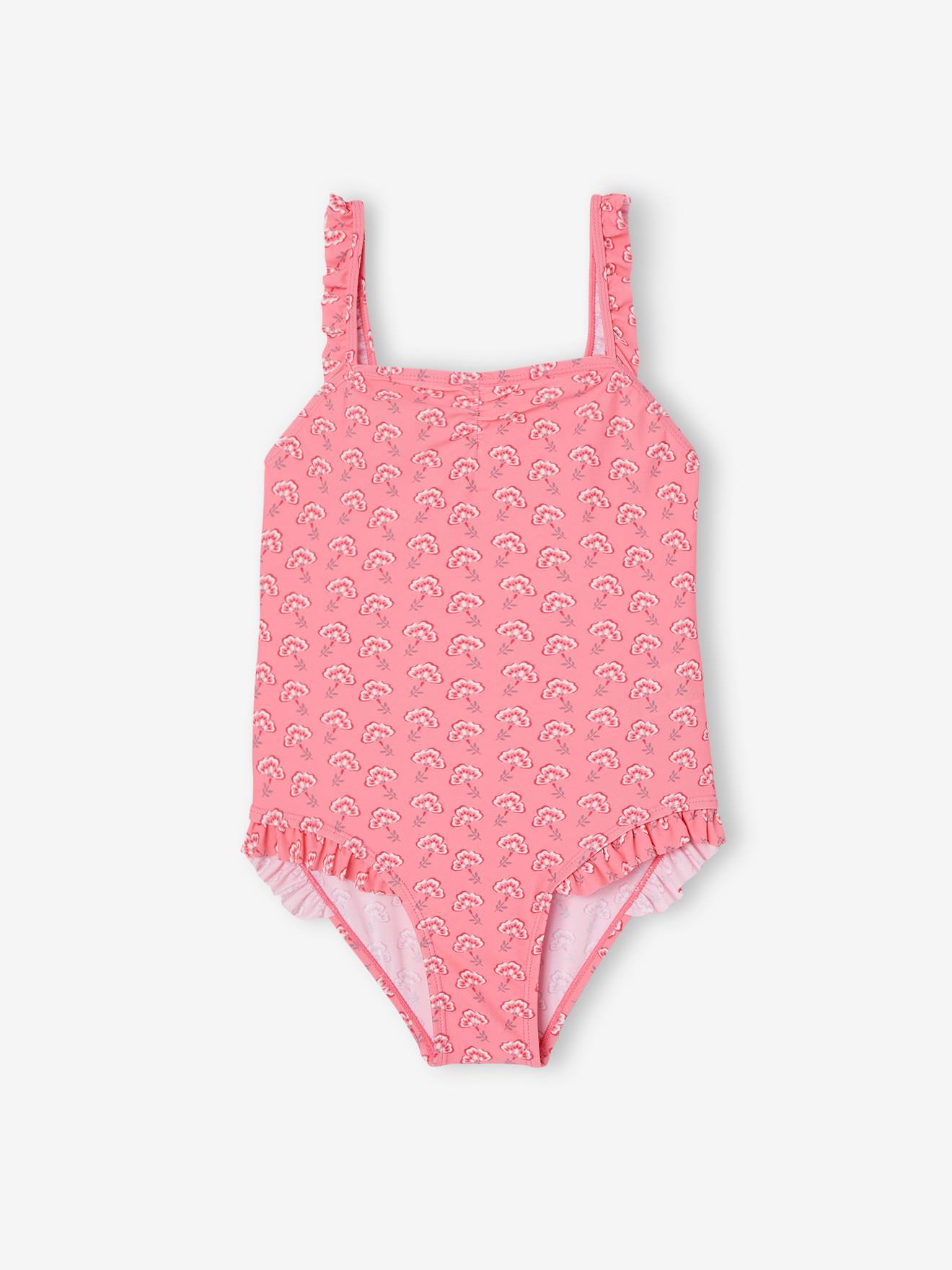 Maiô rosa chiclete com estampa e babados para meninas