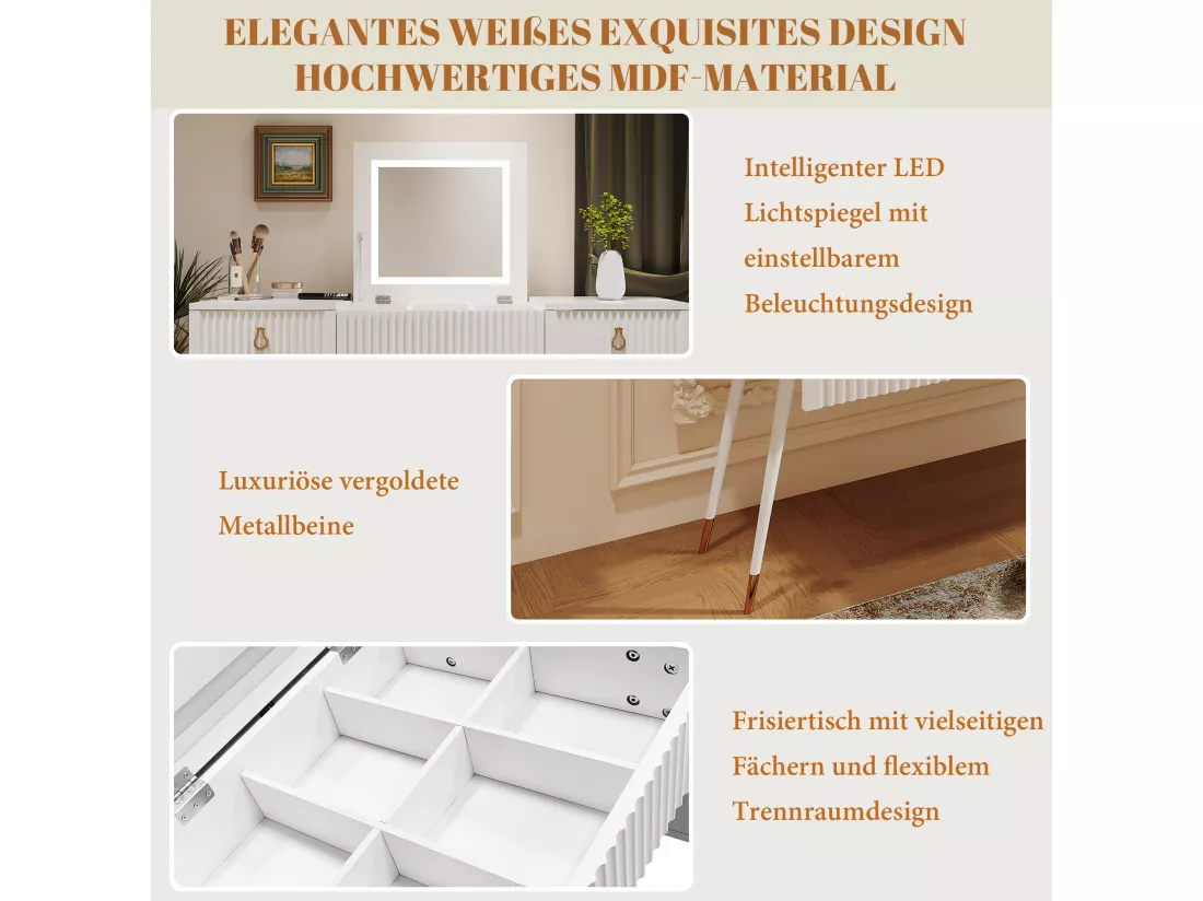 Coiffeuse avec miroir pliable à LEDs intelligentes - 3 tiroirs spacieux - 120 x 45 x 121 cm - Bois MDF - Blanc (sans tabouret)