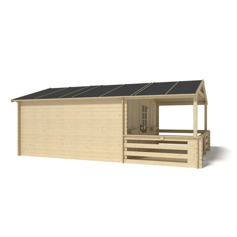 Abri de jardin en bois - 4x3 m - 20 m2 + terrasse avec balustrade et avant-toit en bois