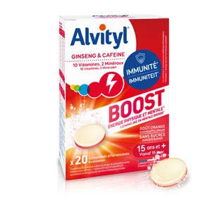 Boost Comprimés Effervescents, goût orange - Ginseng & Caféine, 10 vitamines, 2 minéraux - Dès 15 ans - Alvityl - 20 comprimés