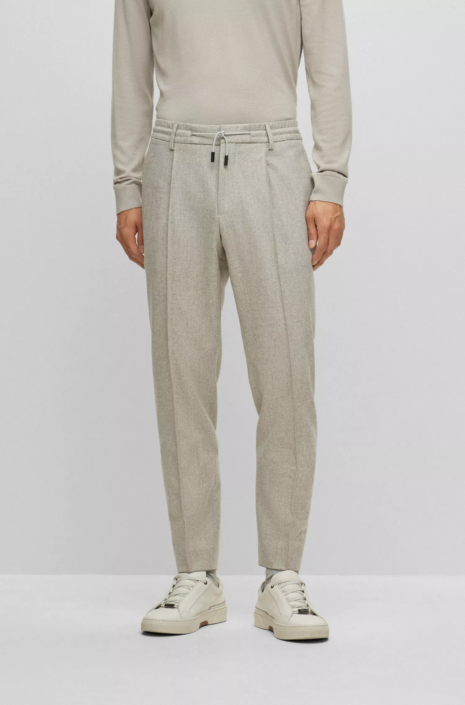 Calça BOSS Camel de corte slim em lã com microestampa e detalhes em cashmere.