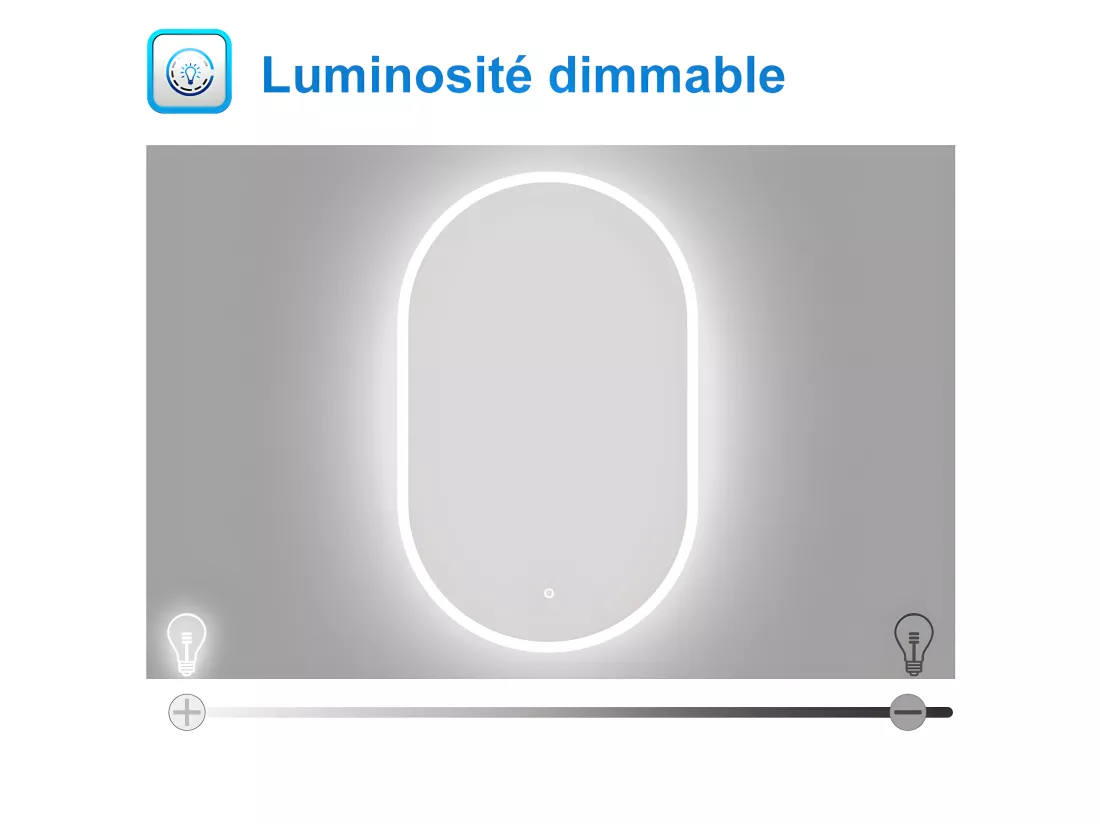 AICA LED Miroir lumineux ovale 50 x 70cm avec anti-buée + dimmable + mémoire, Miroir salle de bain
