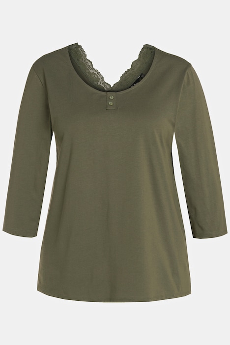 Pyjamashirt, Spitze, V-Ausschnitt, 3/4-Arm