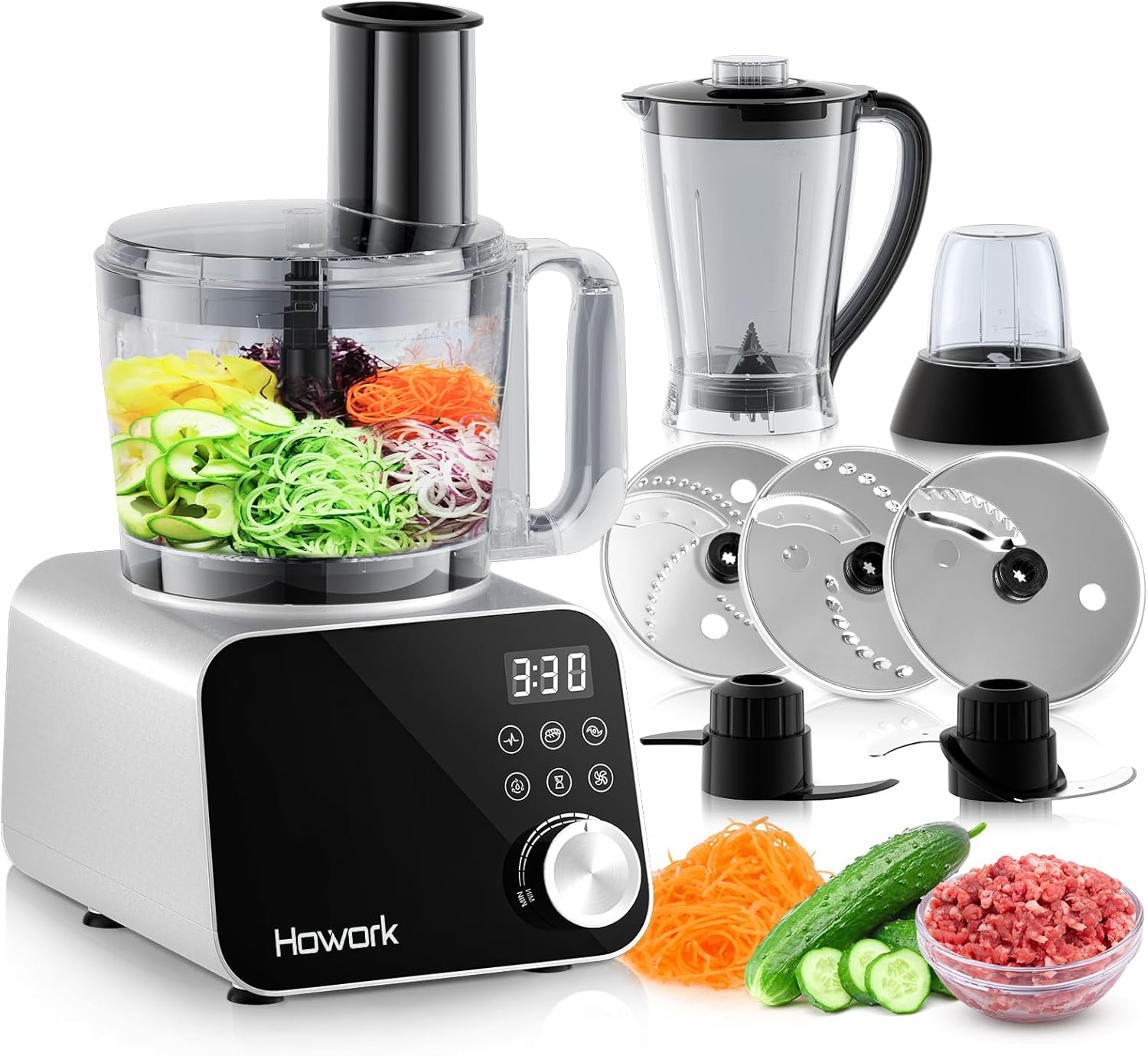 Howork Food Processor 1500W, Großes Fassungsvermögen Multifunktion, Zum Zerkleinern, Schneiden, Hacken, Mahlen, Smoothies, Hacken, Füllen und Teig, Edelstahl Silber