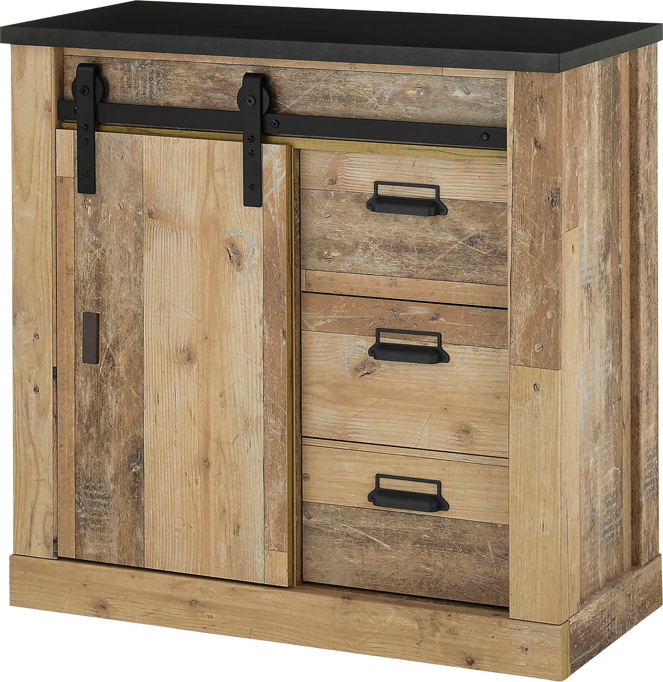 Home affaire Kommode »SHERWOOD« Holz Dekor, mit Scheunentorbeschlag und Apothekergriffen, Breite 92 cm