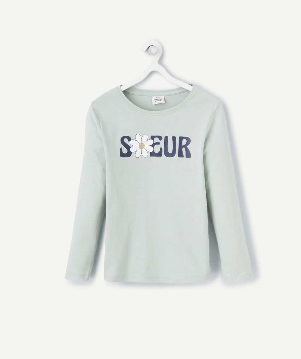 T-SHIRT MANCHES LONGUES FILLE EN COTON BIOLOGIQUE VERT AVEC MOTIF SOEUR FLEURI