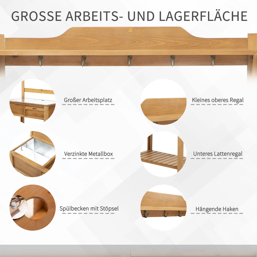 Outsunny Pflanztisch mit verzinkter Arbeitsplatte und Ablage natur