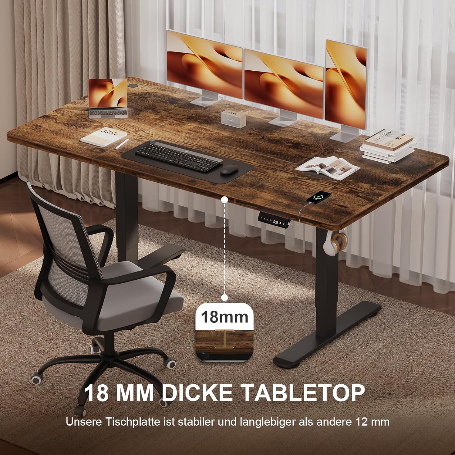 JUMMICO Höhenverstellbarer Schreibtisch 120 x 70 cm mit Kabelwanne, Höhenverstellbar Elektrisch Stehpult mit USB-Buchse, Computertisch, Ergonomischer Steh-Sitz Tisch, Bürotisch, Vintage-braun