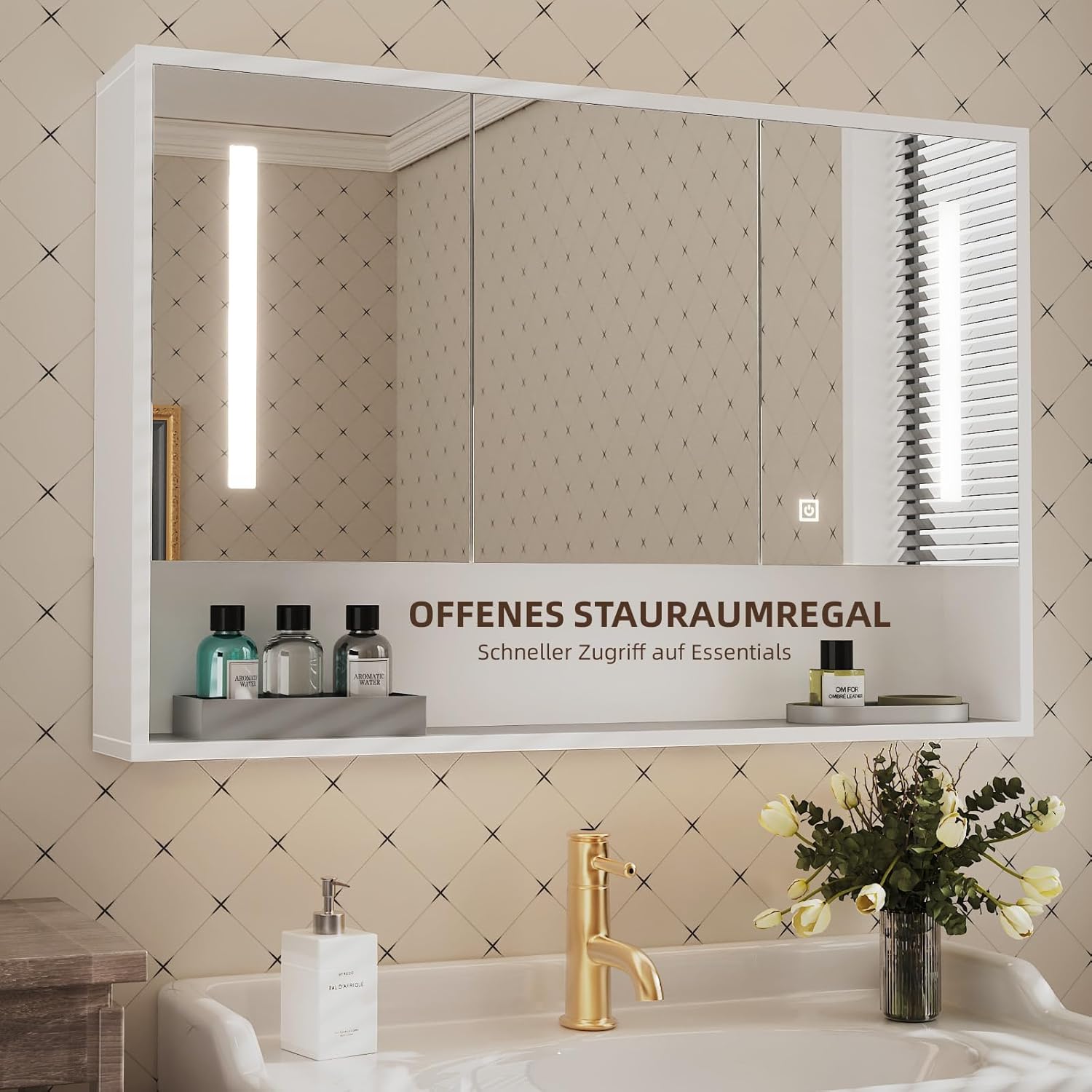 spiegelschrank Bad mit Beleuchtung, Badezimmerspiegel 90 × 60 × 15 cm, Wandschrank mit Offenes Fach, Badschrank mit Verstellbare Ablagen, Medizinschrank, Spiegelschrank für Badezimmer weiß