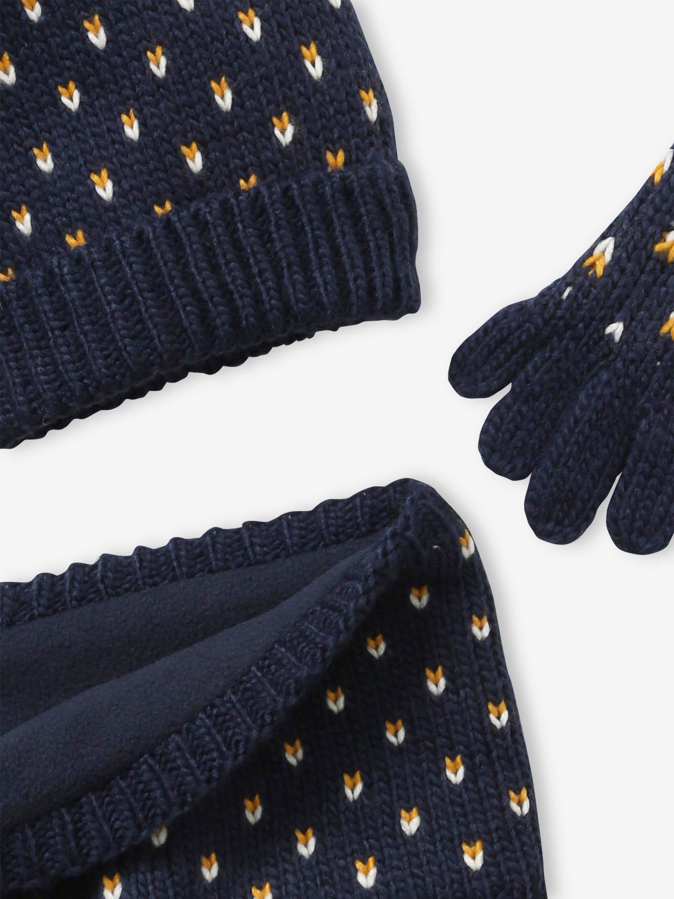 Conjunto de gorro, cachecol e luvas com estampa de corações em azul escuro, para meninas.