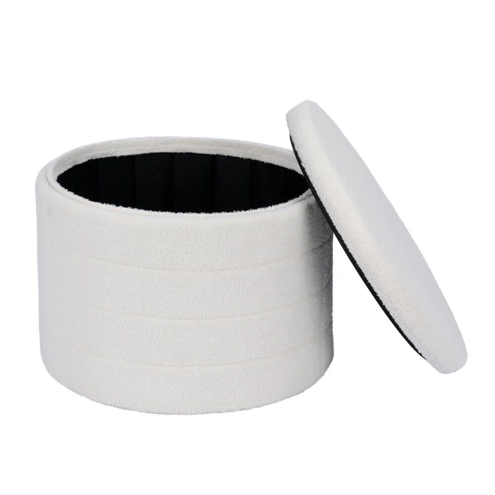 Pouf coffre de rangement rond blanc tissu bouclette Clara Ø56xH40cm