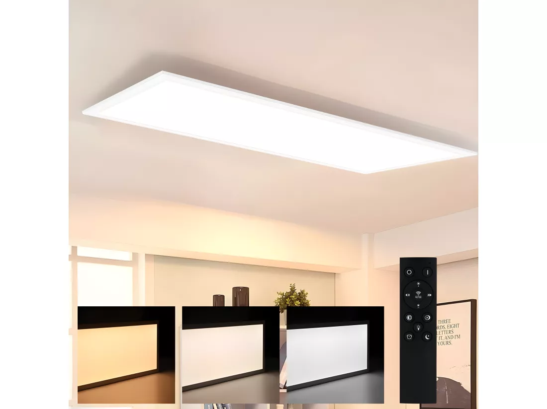 NETTLIFE Plafonnier LED panneau Blanc moderne, 42W longueur Lampe de plafond dimmable avec télécommande 100x25 cm pour salon chambre bureau cuisine