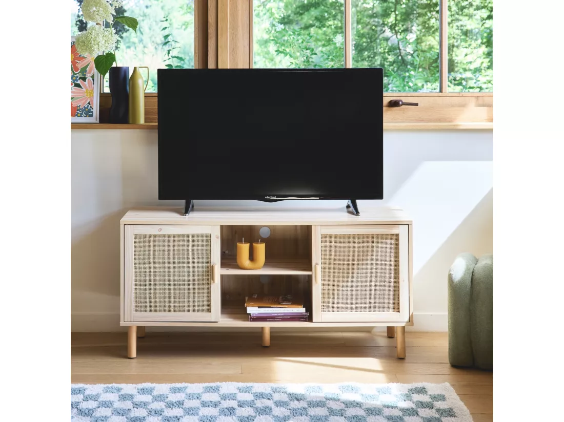 Meuble TV cannage et effet bois. 2 portes et 1 étagère. 120cm
