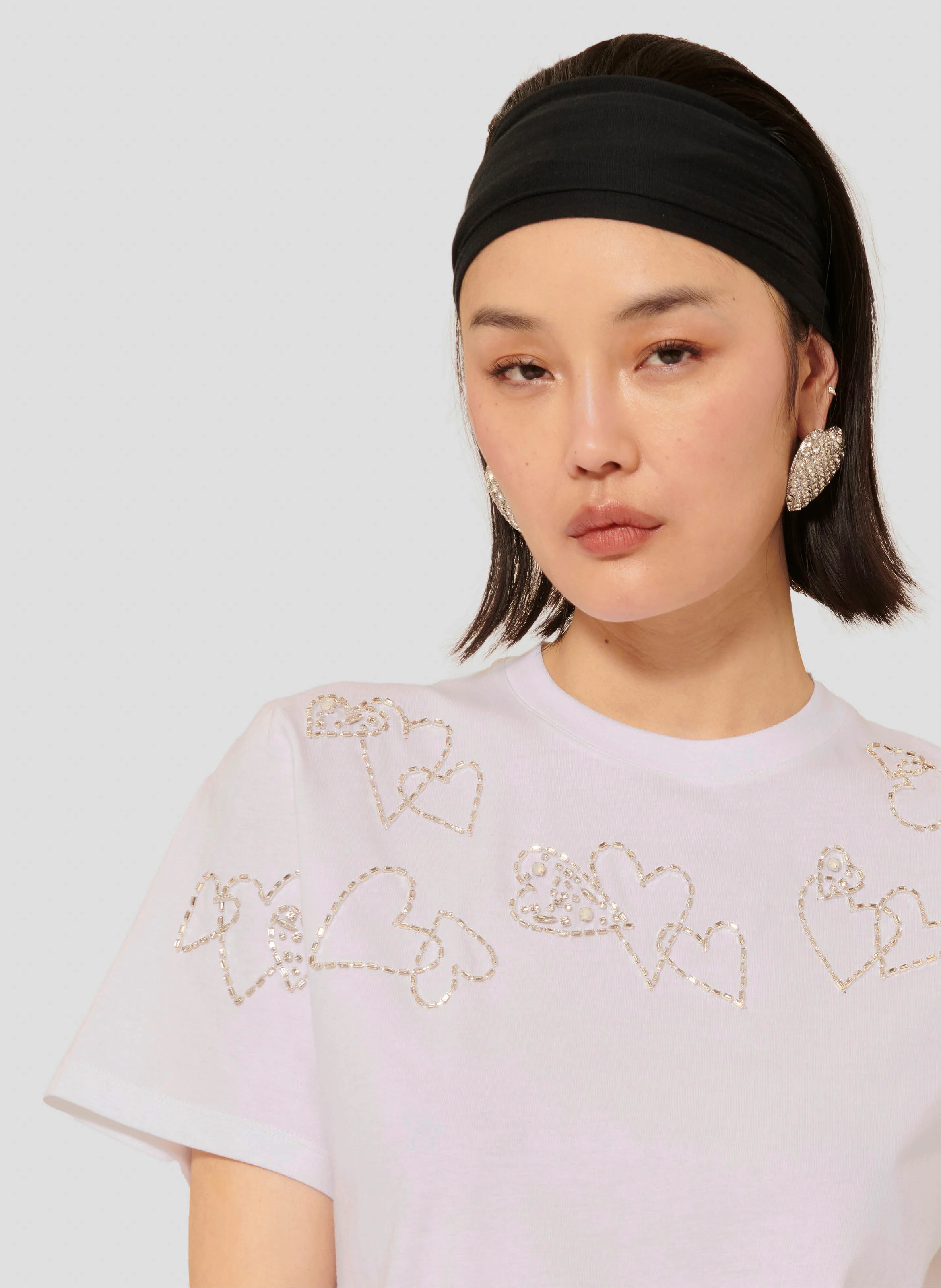 TARAMOUR - Tee-shirt col rond droit en coton brodé | Blanc