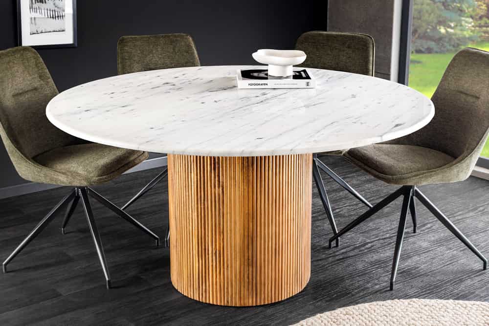 Design Esstisch TRES CHIC 140cm weiß Marmorplatte rund braun Mangoholz