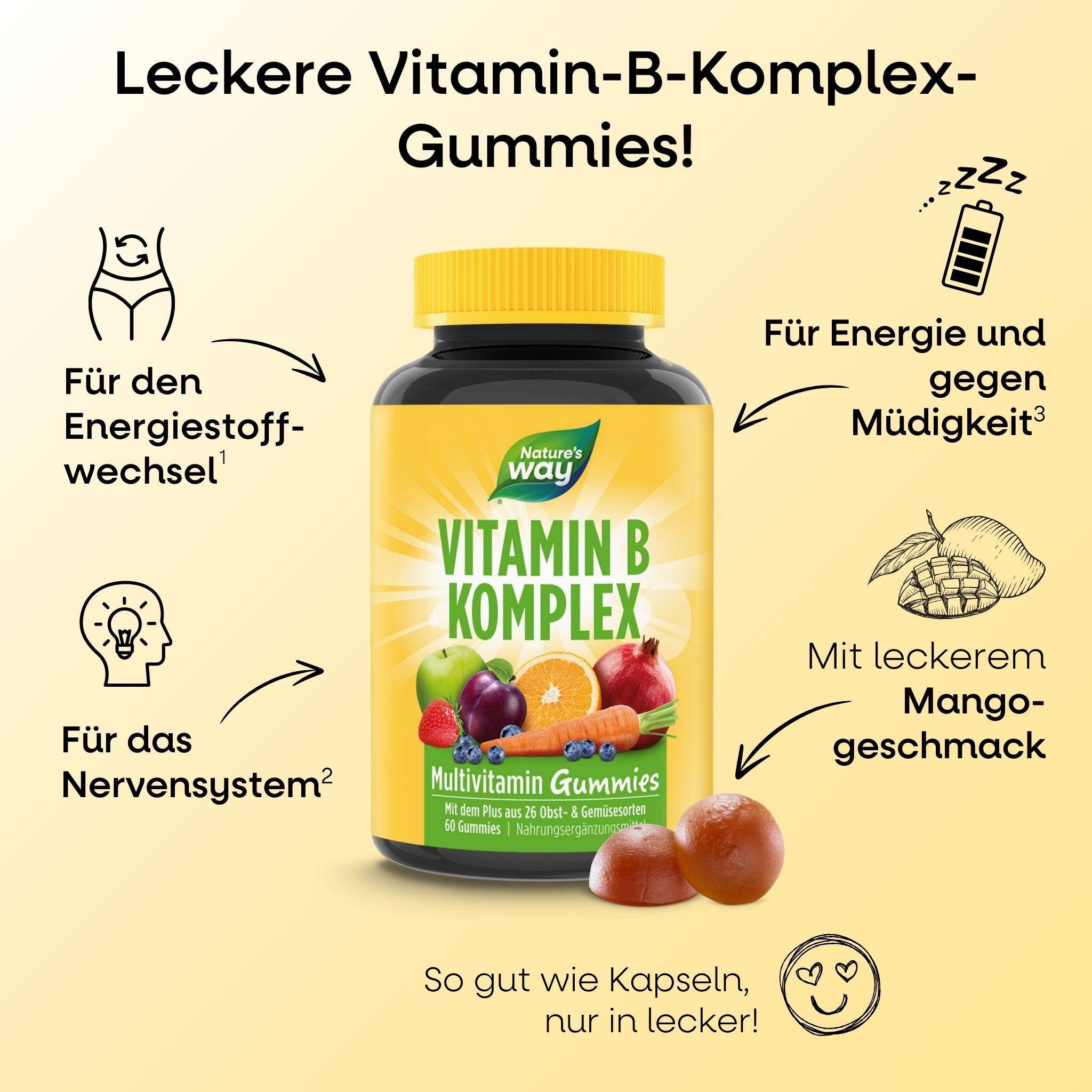 Nature's Way Vitamin B Komplex Gummies - hochdosiert B1 B2 B3 B5 B - mit Vitamin C & Folsäure