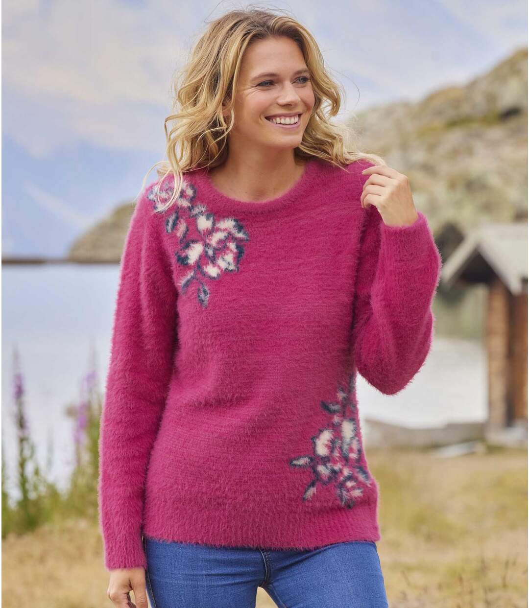 Pull Maille Tricot Poilu Fleuri