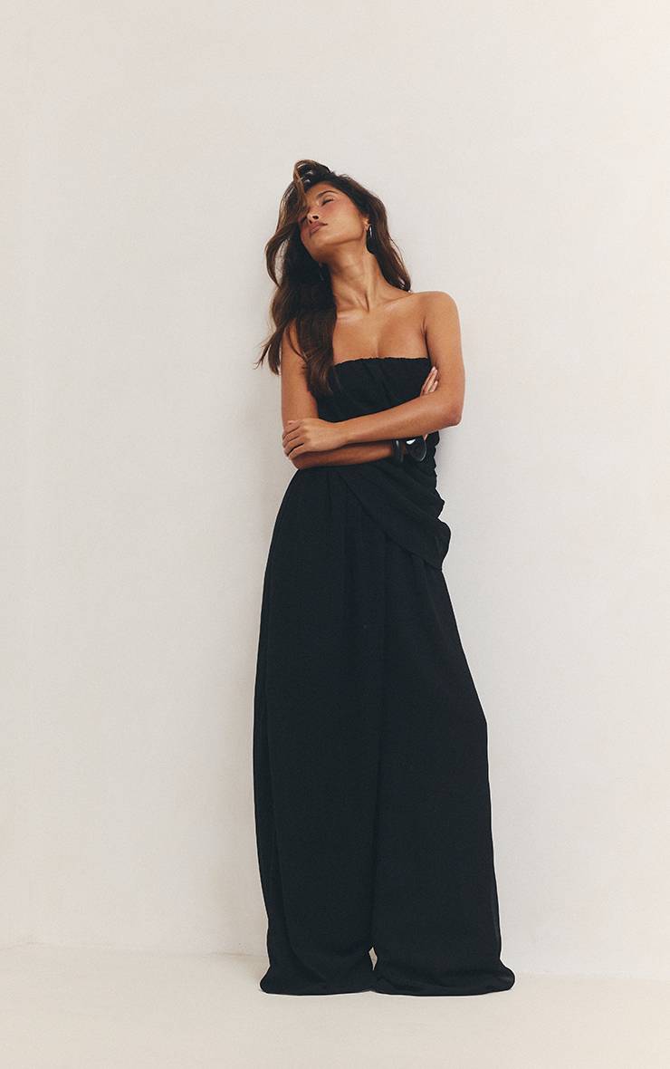 Noir Pantalon Large En Mousseline Taille Élastique Ensemble Coordonné