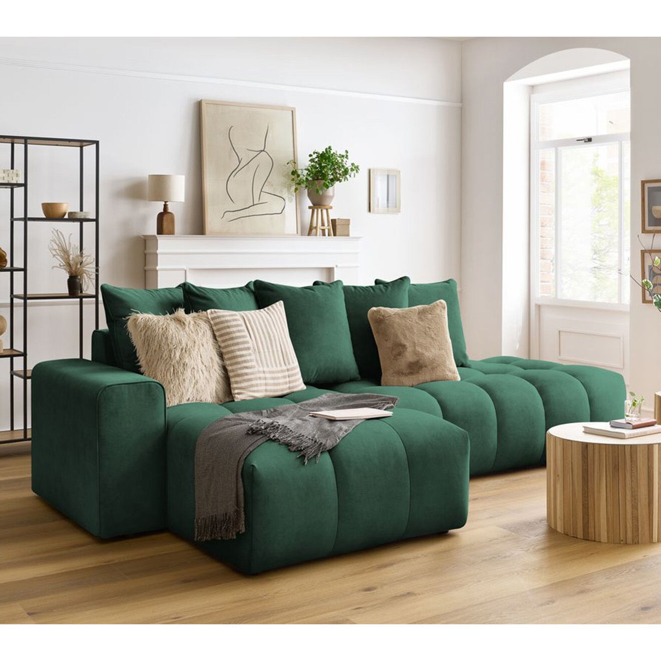 Bobochic Canapé d'angle fixe mont-blanc velours angle gauche vert - 313x176x97 cm