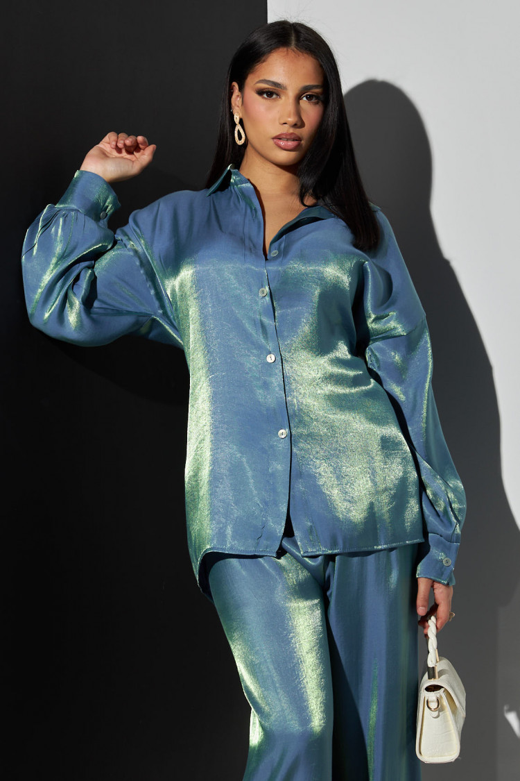 Ensemble 2 pièces chemise + pantalon satiné bleu