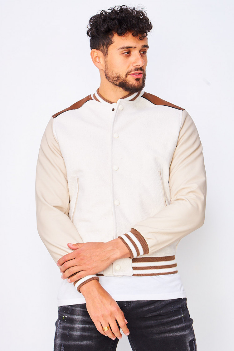 Bomber beige/marron manches simili cuir